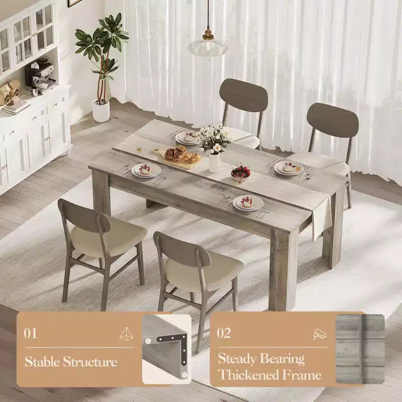 63-Inch Rectangular Dining Table, Seats 4–6, Gray Wood Grain