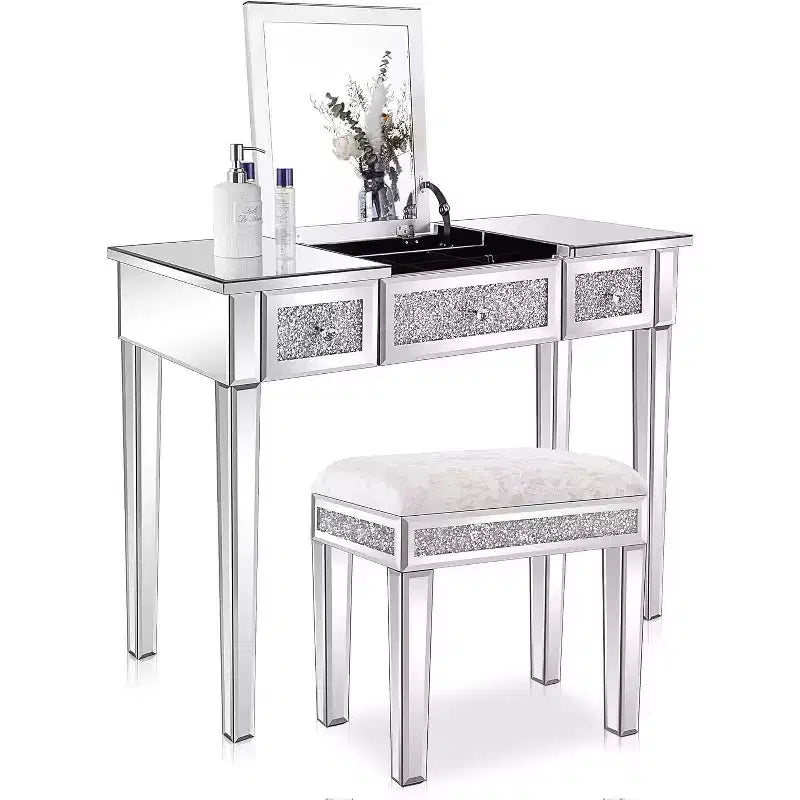 Mirrored Vanity Desk with Drawers and Flip-Top Mirror