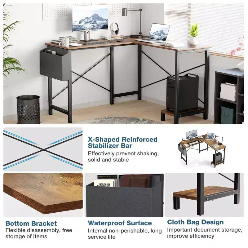 L-Shaped Corner Desk with CPU Shelf and Side Storage Bag, 50 Inch, Metal Frame