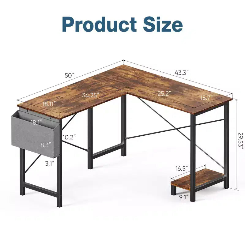 L-Shaped Corner Desk with CPU Shelf and Side Storage Bag, 50 Inch, Metal Frame