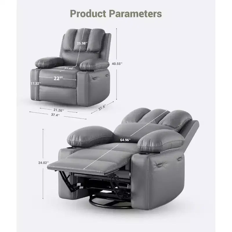 22'' Swivel Recliner Chair for Adults, PU Leather Manual Recliner with Cup Holders and Side Pockets, for Living Room, Bedroom, and Nursery
