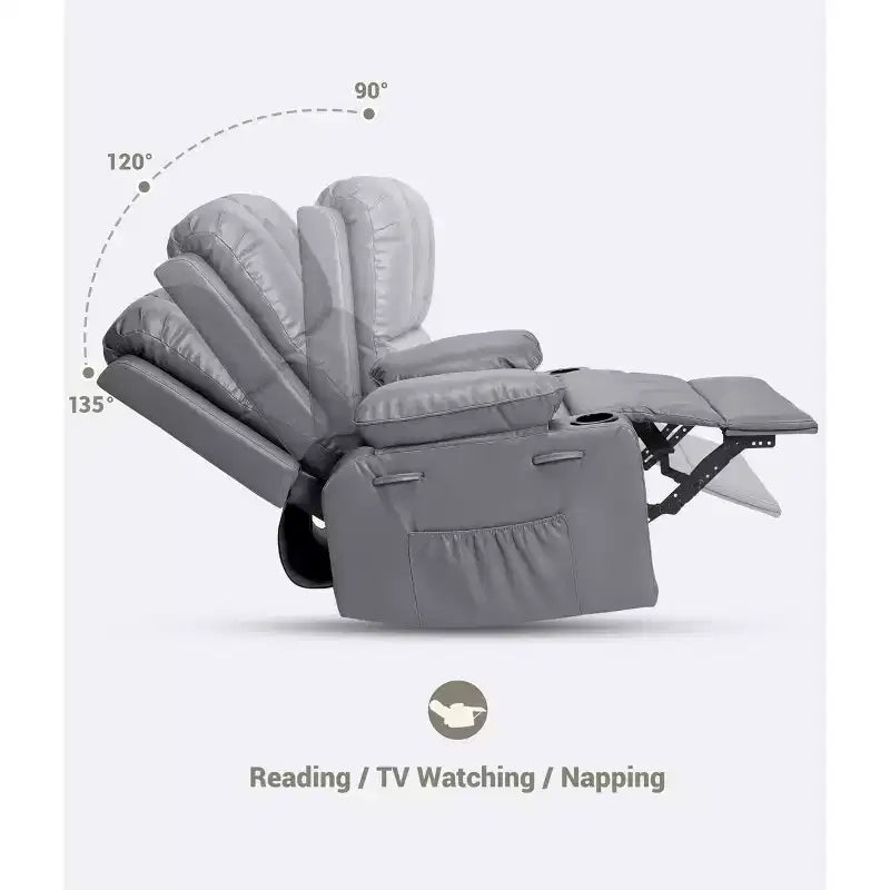 22'' Swivel Recliner Chair for Adults, PU Leather Manual Recliner with Cup Holders and Side Pockets, for Living Room, Bedroom, and Nursery