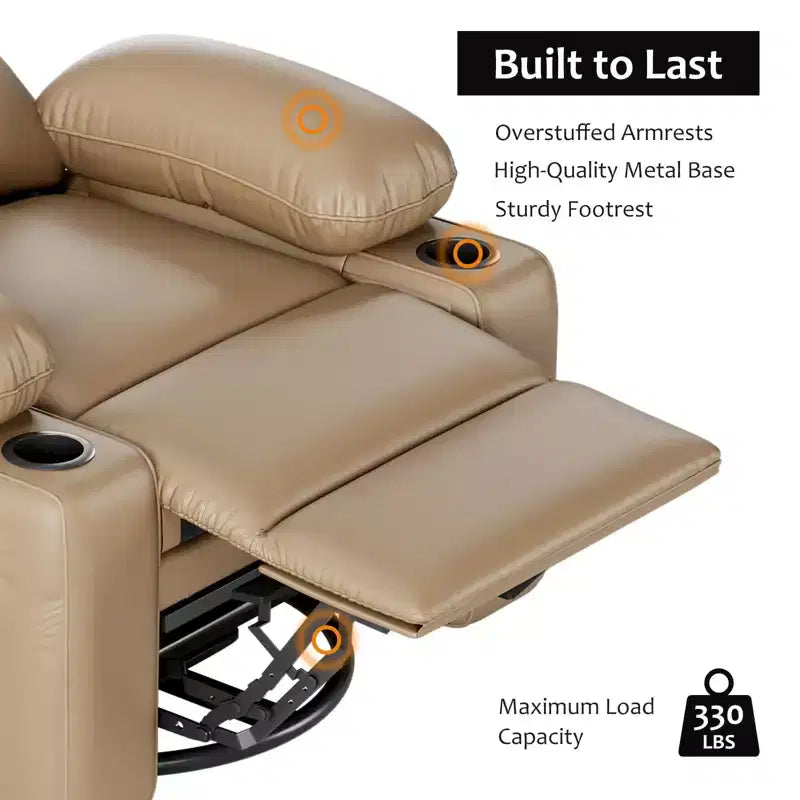 22'' Swivel Recliner Chair for Adults, PU Leather Manual Recliner with Cup Holders and Side Pockets, for Living Room, Bedroom, and Nursery