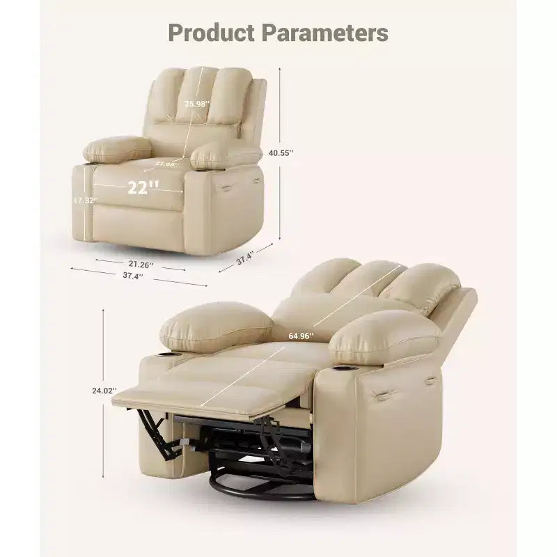 22'' Swivel Recliner Chair for Adults, PU Leather Manual Recliner with Cup Holders and Side Pockets, for Living Room, Bedroom, and Nursery