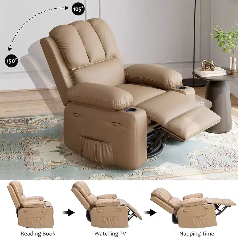 22'' Swivel Recliner Chair for Adults, PU Leather Manual Recliner with Cup Holders and Side Pockets, for Living Room, Bedroom, and Nursery