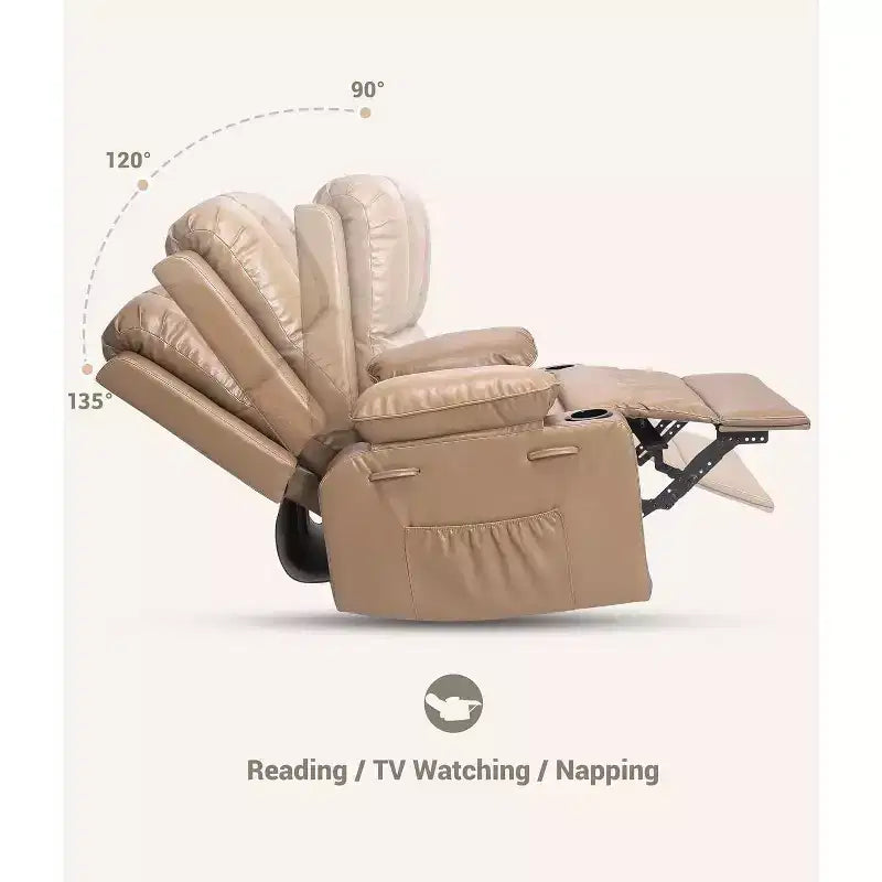 22'' Swivel Recliner Chair for Adults, PU Leather Manual Recliner with Cup Holders and Side Pockets, for Living Room, Bedroom, and Nursery