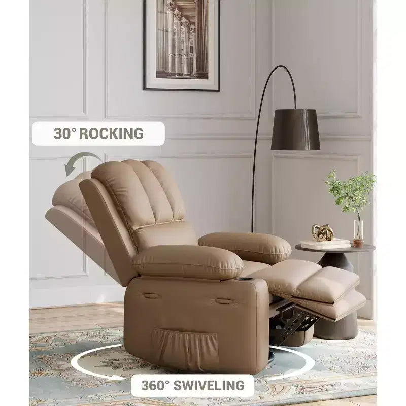 22'' Swivel Recliner Chair for Adults, PU Leather Manual Recliner with Cup Holders and Side Pockets, for Living Room, Bedroom, and Nursery