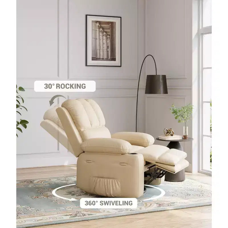 22'' Swivel Recliner Chair for Adults, PU Leather Manual Recliner with Cup Holders and Side Pockets, for Living Room, Bedroom, and Nursery