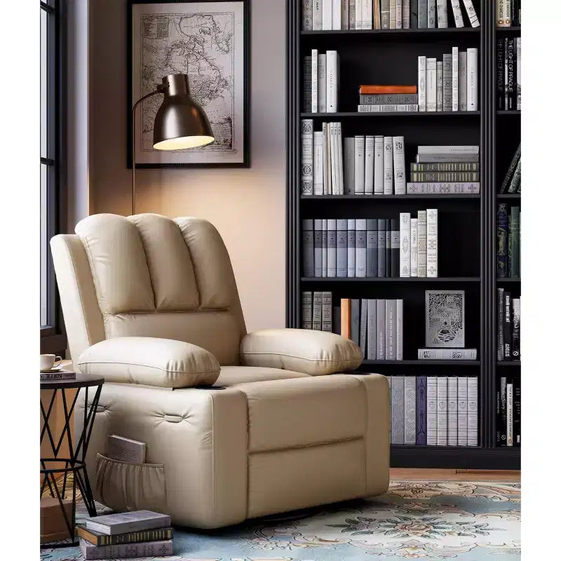 22'' Swivel Recliner Chair for Adults, PU Leather Manual Recliner with Cup Holders and Side Pockets, for Living Room, Bedroom, and Nursery