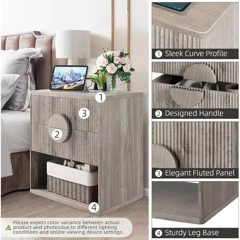 Nightstand with Charging Station, 2 Drawers and Open Shelf, Wood Tone, Set of 2