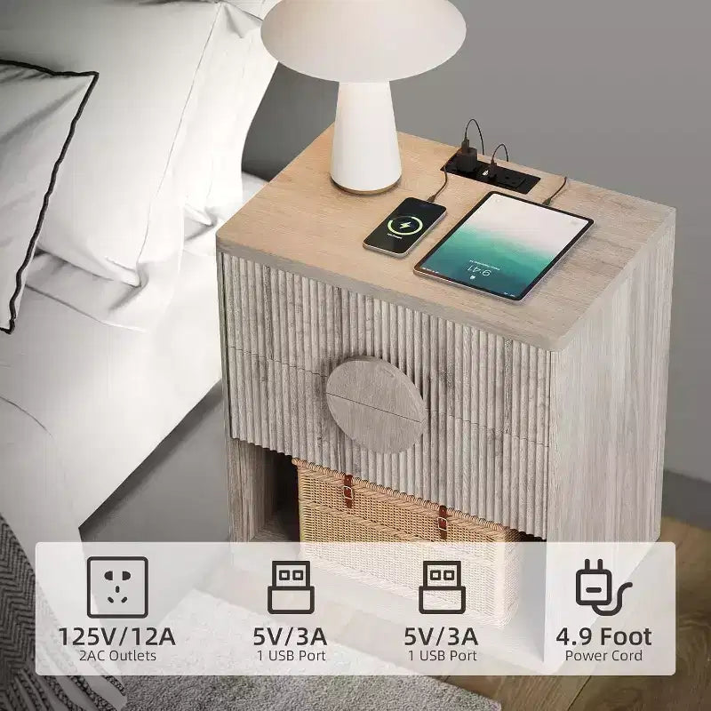 Nightstand with Charging Station, 2 Drawers and Open Shelf, Wood Tone, Set of 2