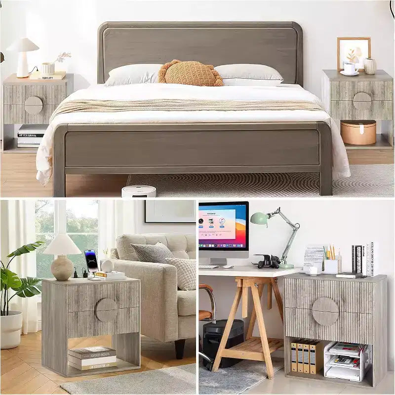 Nightstand with Charging Station, 2 Drawers and Open Shelf, Wood Tone, Set of 2