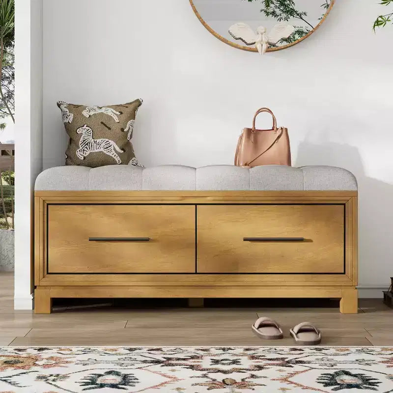 Shoe Bench with Removable Cushion and Hidden Storage for Entryway, Living Room and Hallway, Natural
