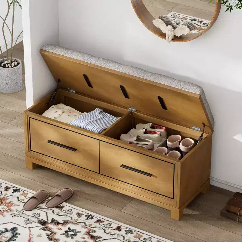 Shoe Bench with Removable Cushion and Hidden Storage for Entryway, Living Room and Hallway, Natural