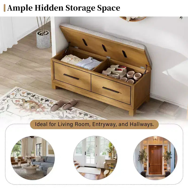 Shoe Bench with Removable Cushion and Hidden Storage for Entryway, Living Room and Hallway, Natural