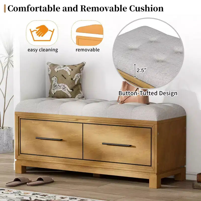 Shoe Bench with Removable Cushion and Hidden Storage for Entryway, Living Room and Hallway, Natural