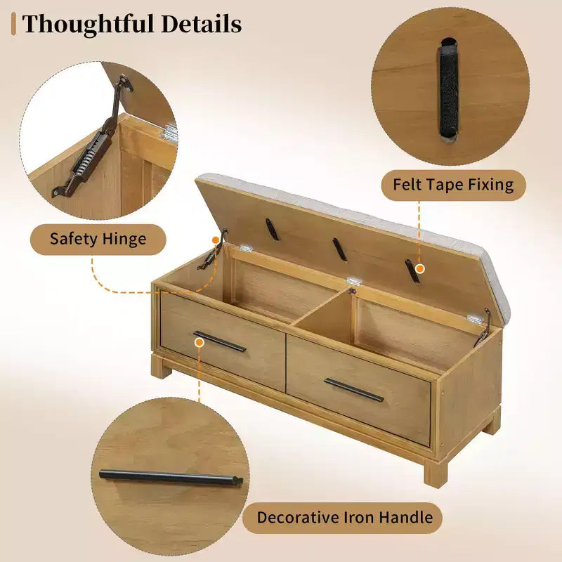 Shoe Bench with Removable Cushion and Hidden Storage for Entryway, Living Room and Hallway, Natural