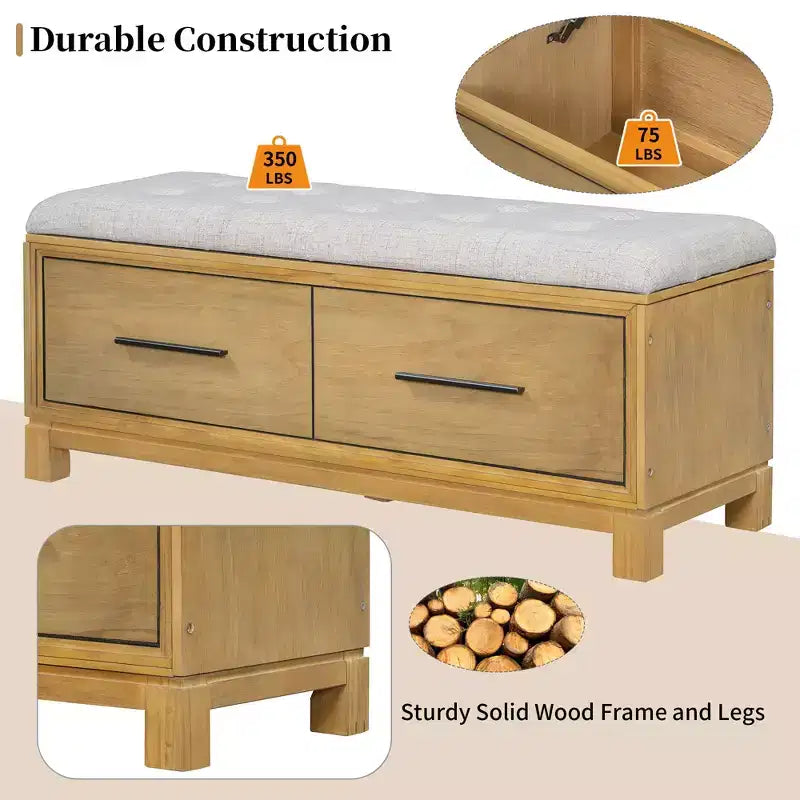 Shoe Bench with Removable Cushion and Hidden Storage for Entryway, Living Room and Hallway, Natural