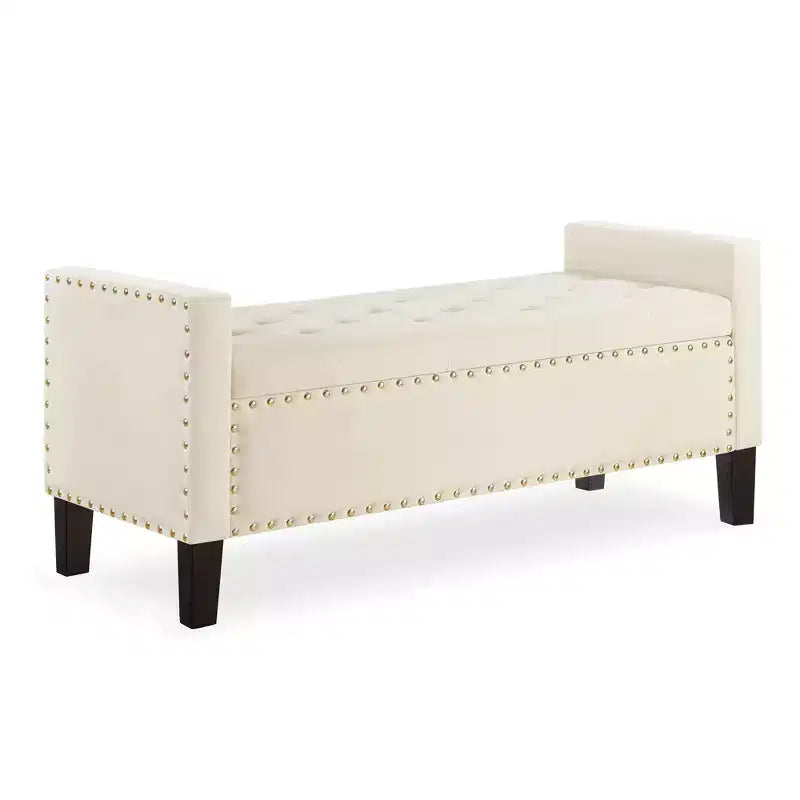 Upholstered Storage Bench with Armrests and Nail Trim, Cream
