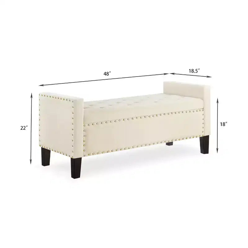 Upholstered Storage Bench with Armrests and Nail Trim, Cream