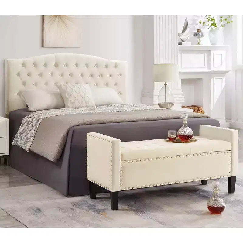 Upholstered Storage Bench with Armrests and Nail Trim, Cream