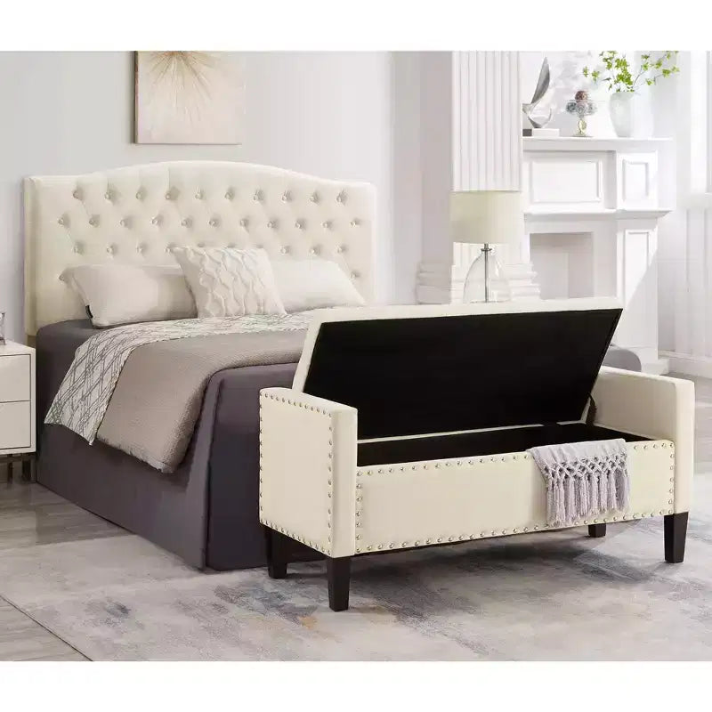 Upholstered Storage Bench with Armrests and Nail Trim, Cream