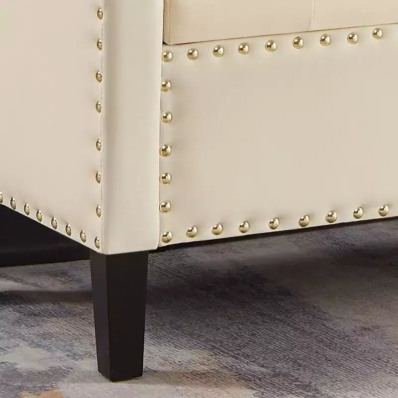 Upholstered Storage Bench with Armrests and Nail Trim, Cream