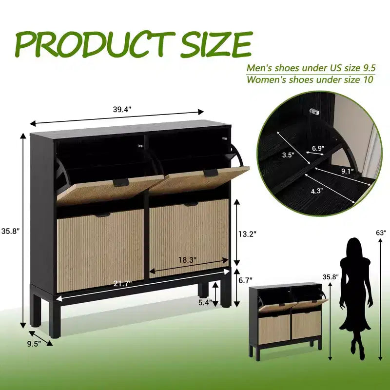 Fluted Shoe Storage Cabinet with 4 Flip Drawers, Narrow Wooden Shoe Organizer with Metal Legs