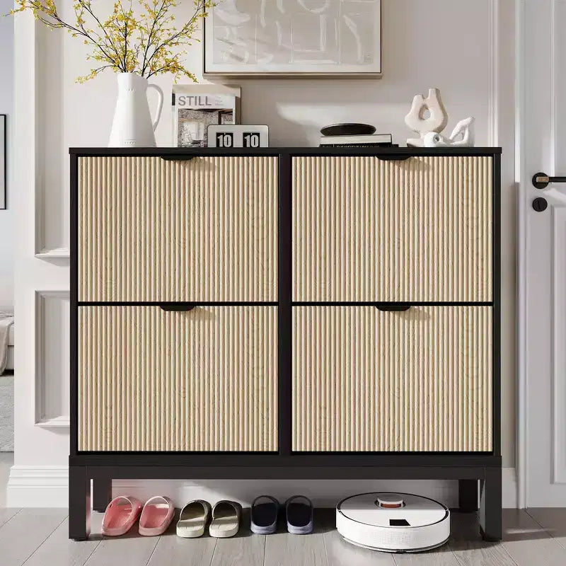 Fluted Shoe Storage Cabinet with 4 Flip Drawers, Narrow Wooden Shoe Organizer with Metal Legs
