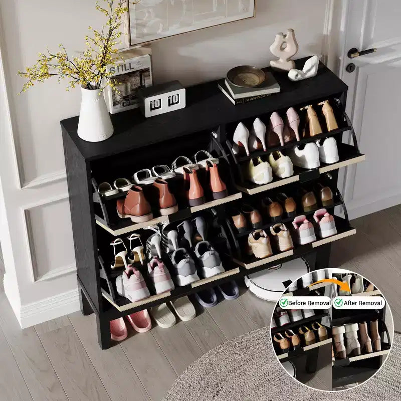 Fluted Shoe Storage Cabinet with 4 Flip Drawers, Narrow Wooden Shoe Organizer with Metal Legs