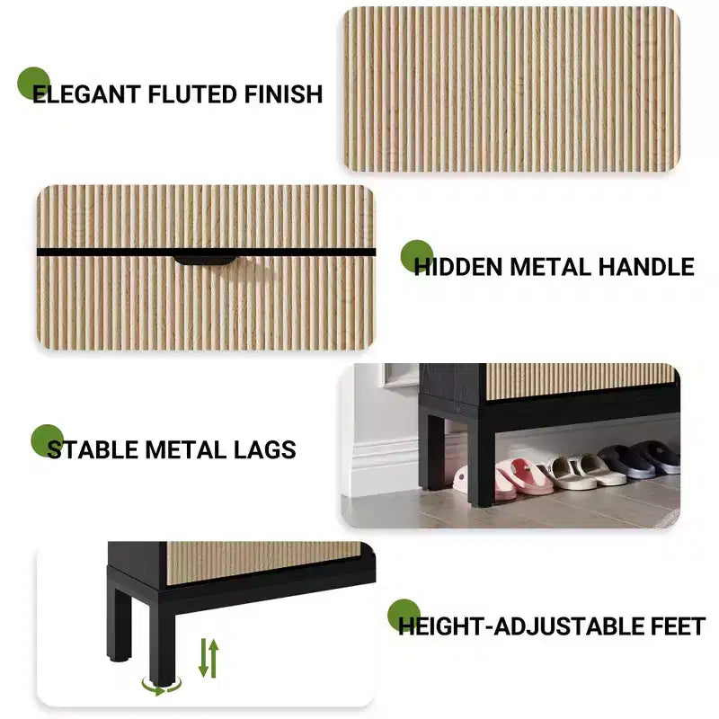 Fluted Shoe Storage Cabinet with 4 Flip Drawers, Narrow Wooden Shoe Organizer with Metal Legs