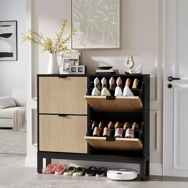 Fluted Shoe Storage Cabinet with 4 Flip Drawers, Narrow Wooden Shoe Organizer with Metal Legs
