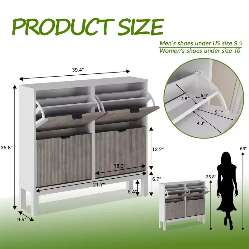 Fluted Shoe Storage Cabinet with 4 Flip Drawers, Narrow Wooden Shoe Organizer with Metal Legs
