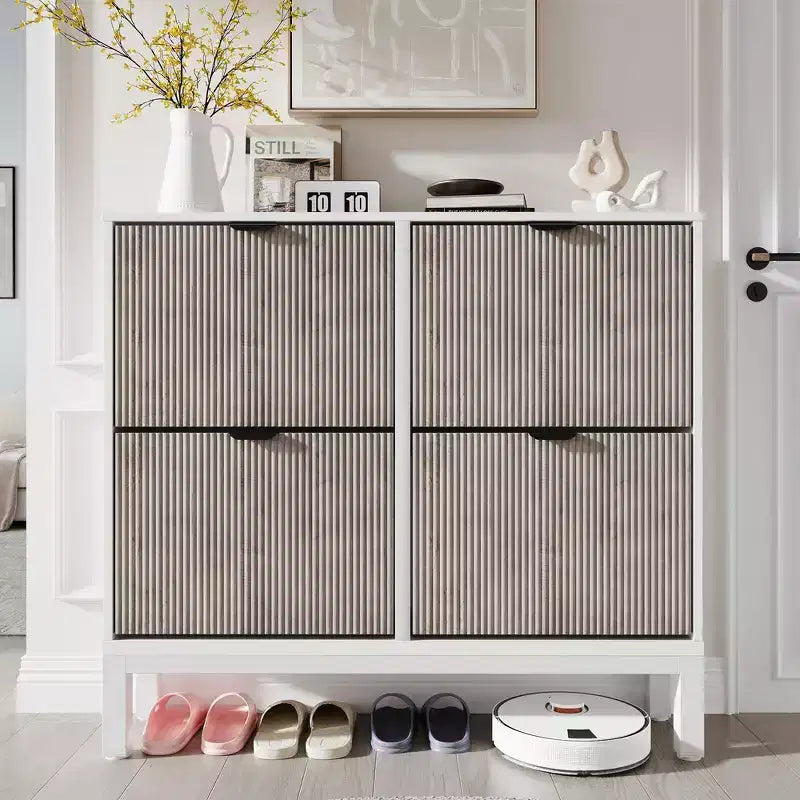 Fluted Shoe Storage Cabinet with 4 Flip Drawers, Narrow Wooden Shoe Organizer with Metal Legs