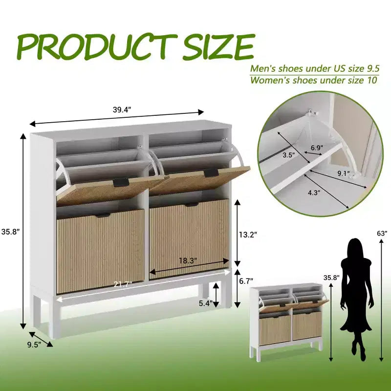 Fluted Shoe Storage Cabinet with 4 Flip Drawers, Narrow Wooden Shoe Organizer with Metal Legs