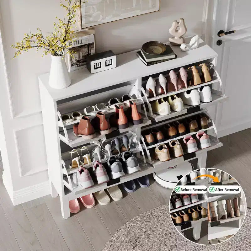 Fluted Shoe Storage Cabinet with 4 Flip Drawers, Narrow Wooden Shoe Organizer with Metal Legs