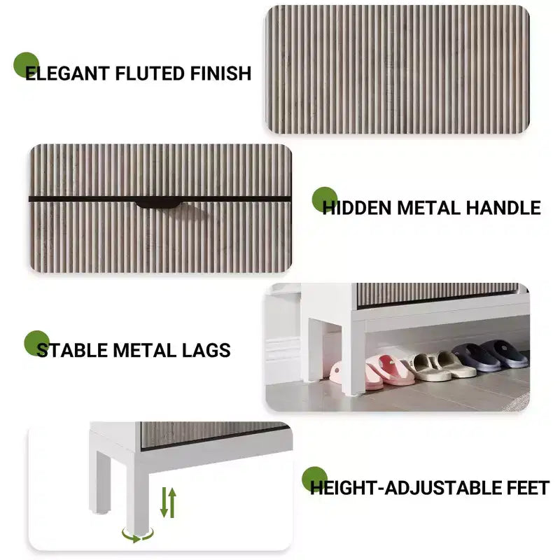 Fluted Shoe Storage Cabinet with 4 Flip Drawers, Narrow Wooden Shoe Organizer with Metal Legs