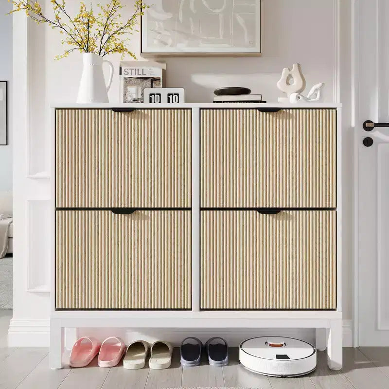 Fluted Shoe Storage Cabinet with 4 Flip Drawers, Narrow Wooden Shoe Organizer with Metal Legs