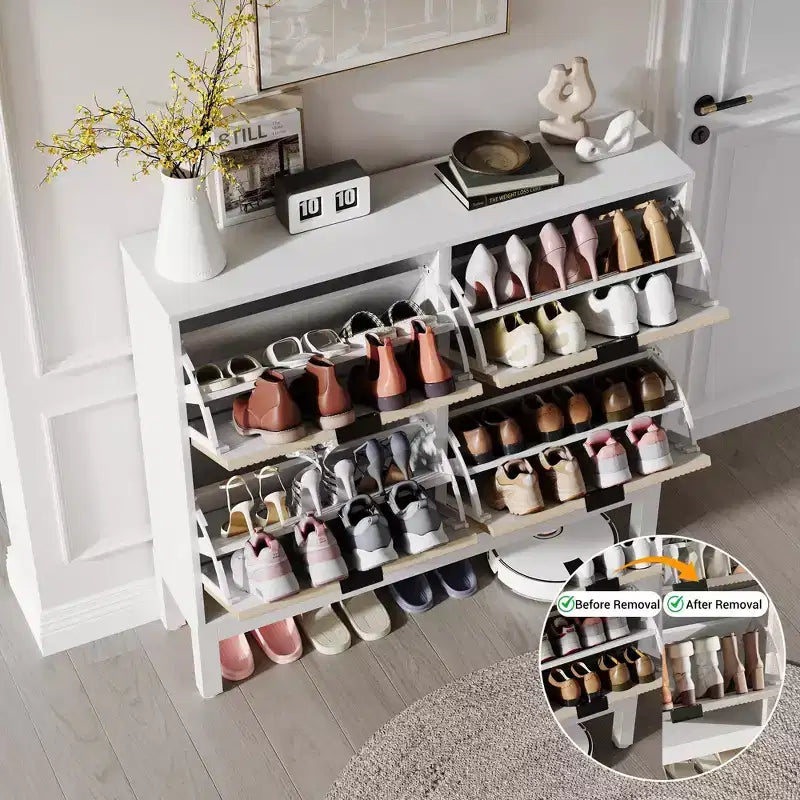 Fluted Shoe Storage Cabinet with 4 Flip Drawers, Narrow Wooden Shoe Organizer with Metal Legs