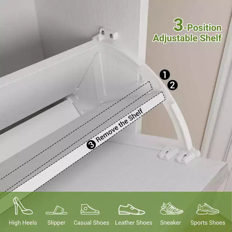 Fluted Shoe Storage Cabinet with 4 Flip Drawers, Narrow Wooden Shoe Organizer with Metal Legs