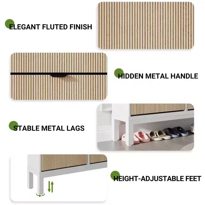 Fluted Shoe Storage Cabinet with 4 Flip Drawers, Narrow Wooden Shoe Organizer with Metal Legs