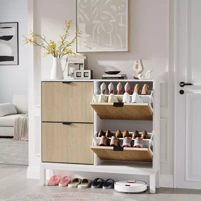 Fluted Shoe Storage Cabinet with 4 Flip Drawers, Narrow Wooden Shoe Organizer with Metal Legs