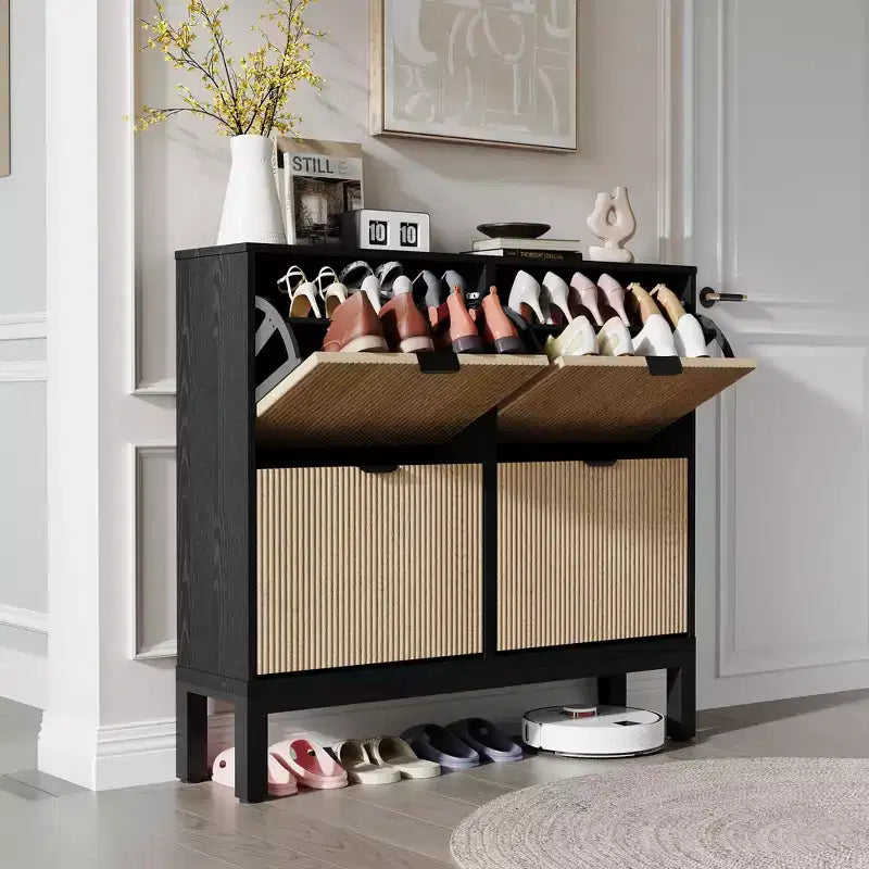 Fluted Shoe Storage Cabinet with 4 Flip Drawers, Narrow Wooden Shoe Organizer with Metal Legs