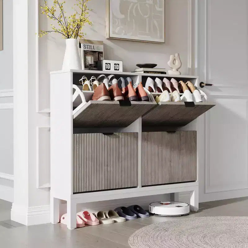 Fluted Shoe Storage Cabinet with 4 Flip Drawers, Narrow Wooden Shoe Organizer with Metal Legs