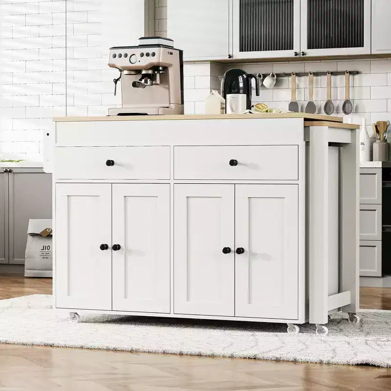 Kitchen Island with Extendable Dining Table, Rolling Storage Cart with Spice Rack and 2 Drawers