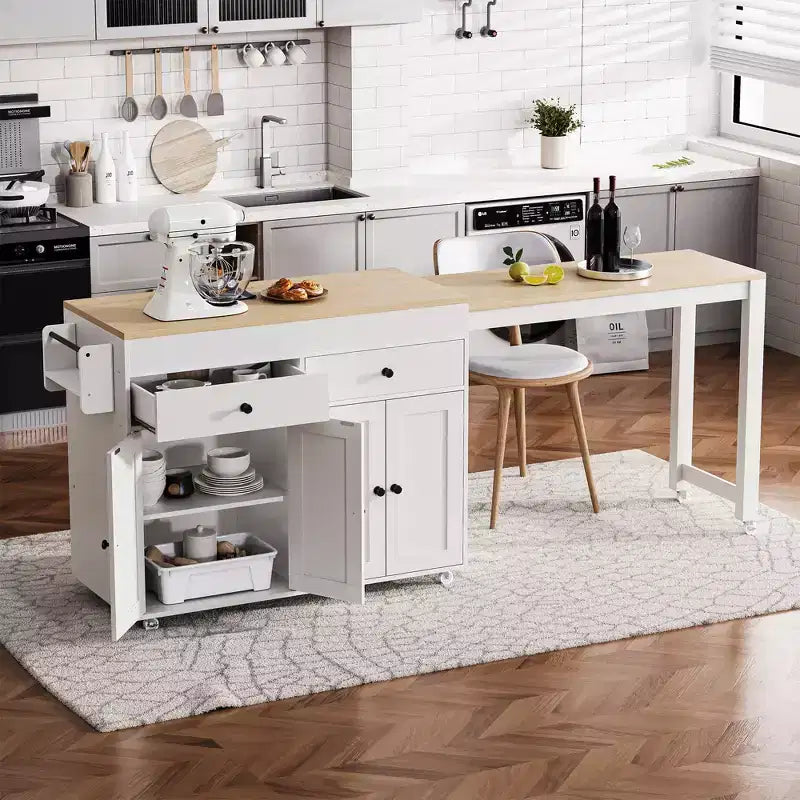 Kitchen Island with Extendable Dining Table, Rolling Storage Cart with Spice Rack and 2 Drawers