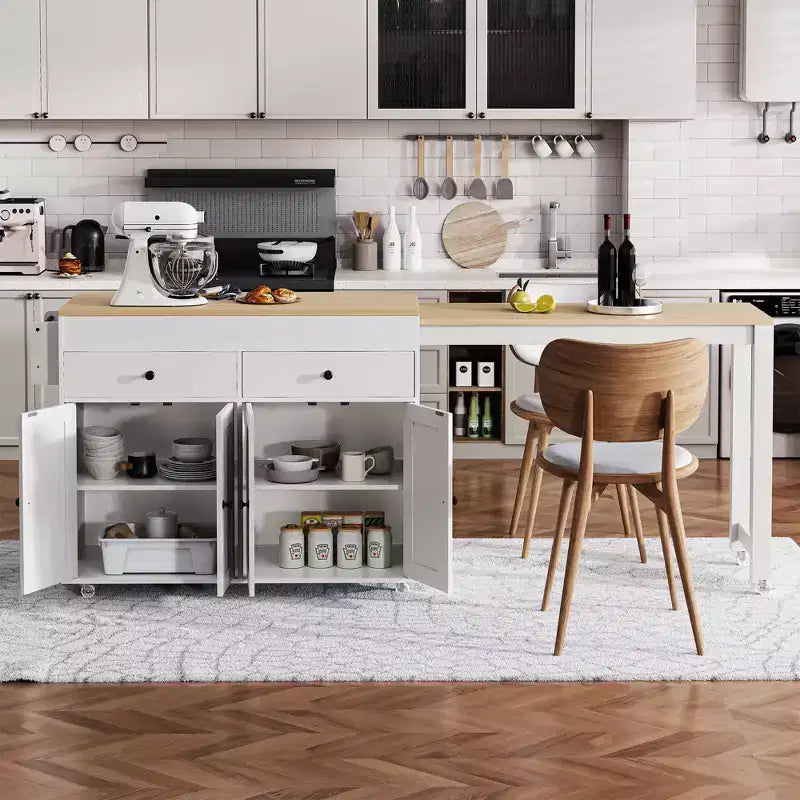 Kitchen Island with Extendable Dining Table, Rolling Storage Cart with Spice Rack and 2 Drawers