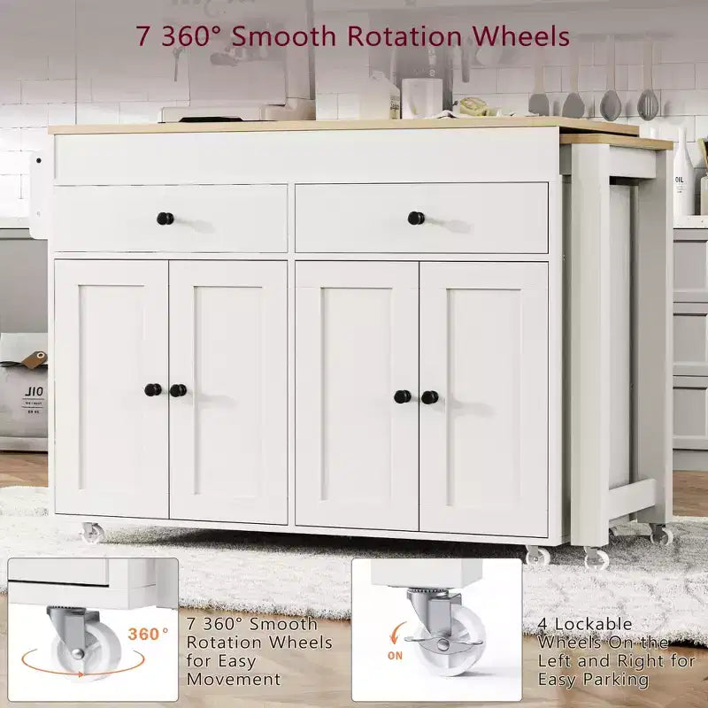 Kitchen Island with Extendable Dining Table, Rolling Storage Cart with Spice Rack and 2 Drawers