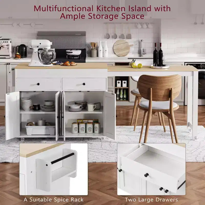 Kitchen Island with Extendable Dining Table, Rolling Storage Cart with Spice Rack and 2 Drawers