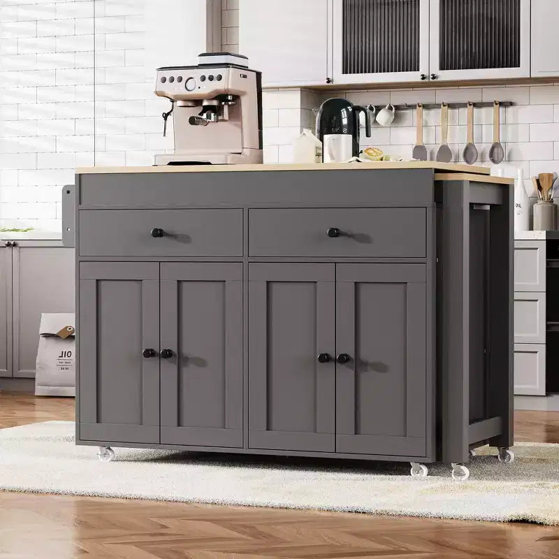 Kitchen Island with Extendable Dining Table, Rolling Storage Cart with Spice Rack and 2 Drawers